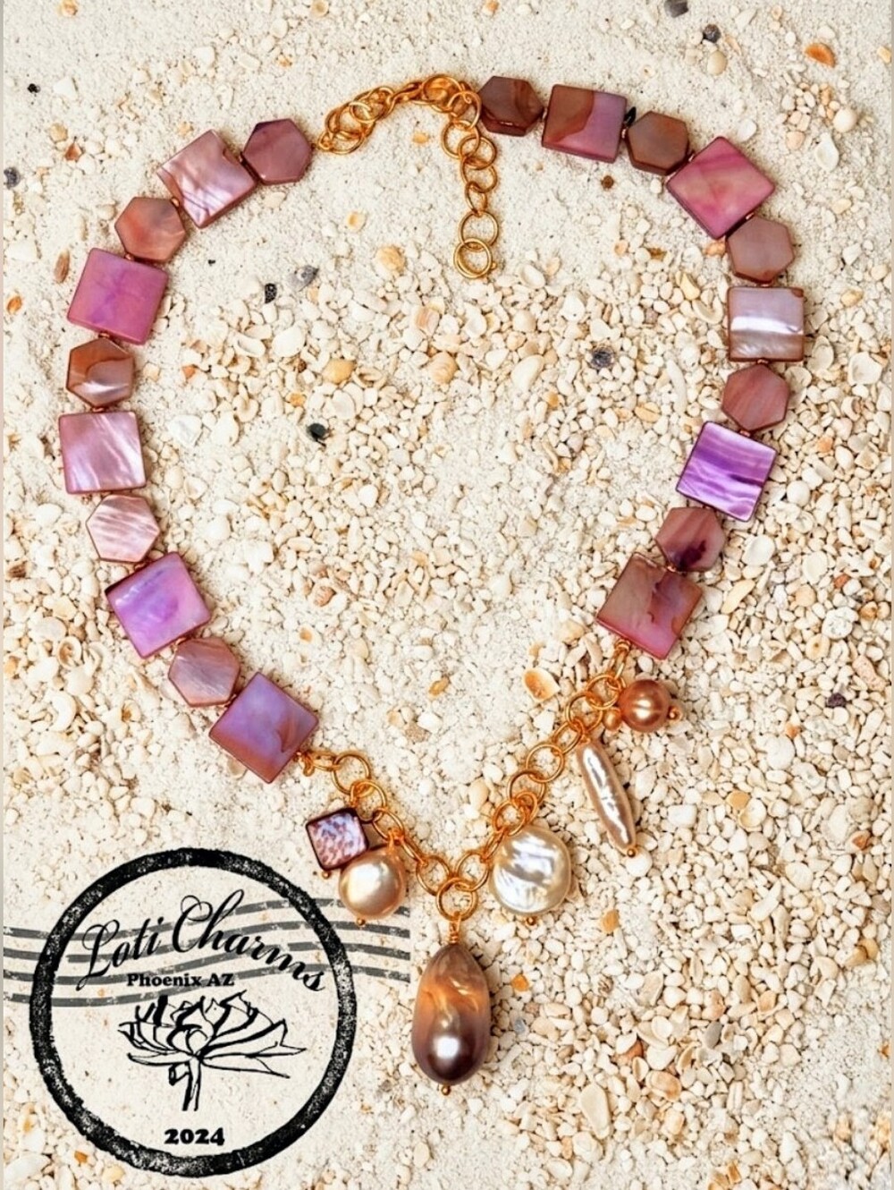 Statement Pink Mother Of Pearls W/  Baroque Pearls In Gold Plated Necklace